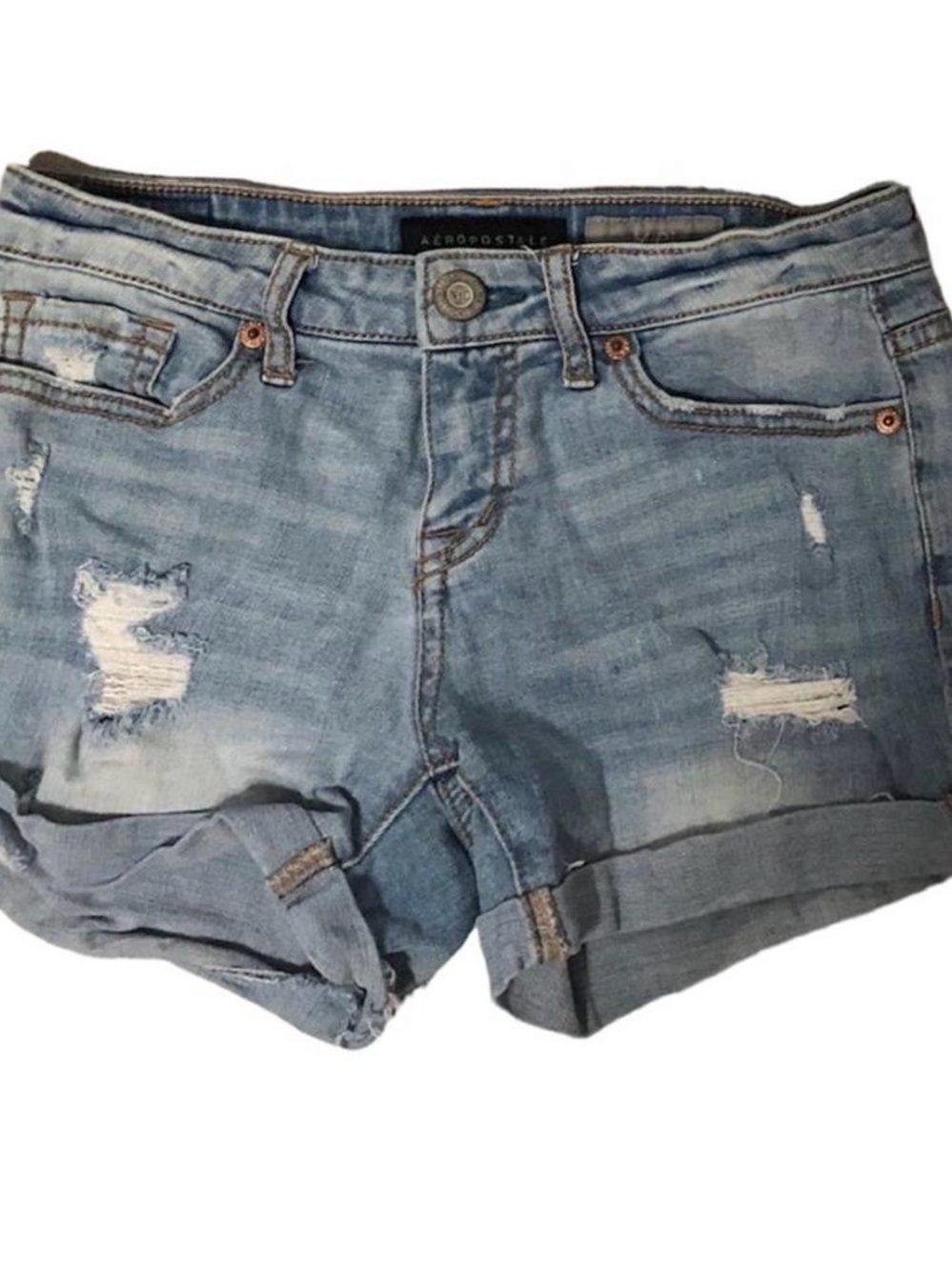 Aeropostale Light Wash Distressed Denim Rolled Cuff Shorts